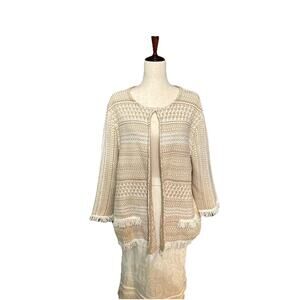 CHICOS Women’s White Beige Cotton Blend Fringe Cardigan Size 4 18-20